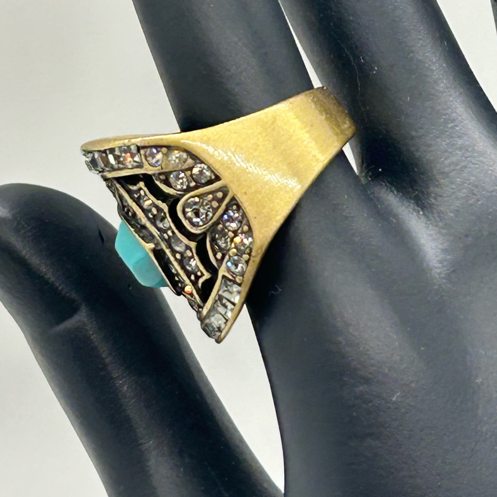 Heidi Daus Art Deco Crystal & Turquoise Ring Sz 7 - Picture 4 of 8